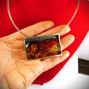 Large Amber Pendant Brooch 925 Silver Wire Necklace - AMBERMODA Style Her Gift